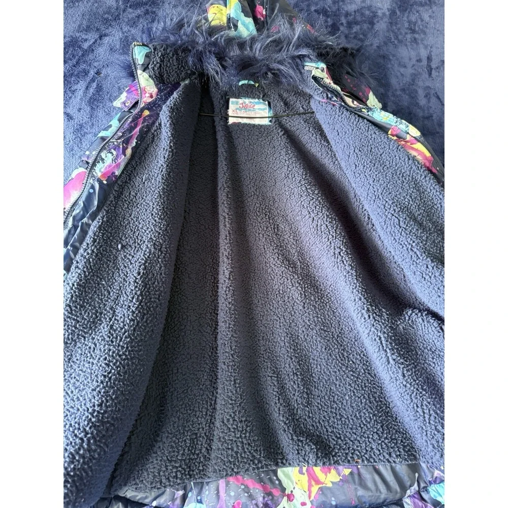 Justice Girls Winter Coat XL 16/18 Navy Multicolor Splatter Print Puffer Jacket